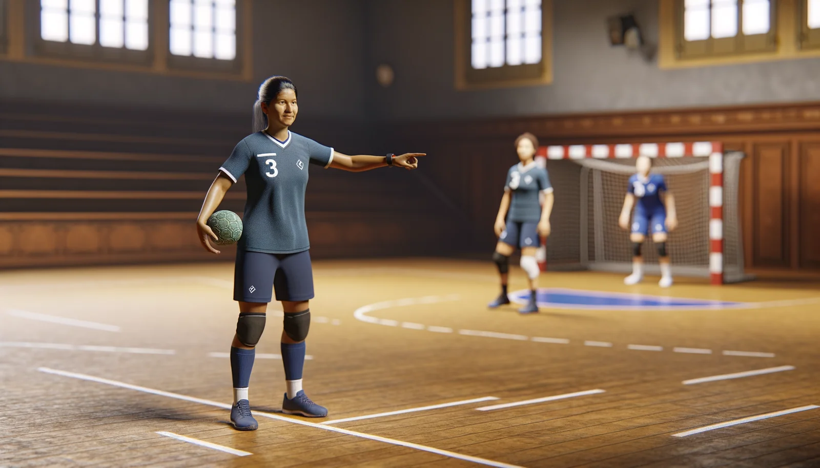Demi-centre de handball en pleine animation offensive