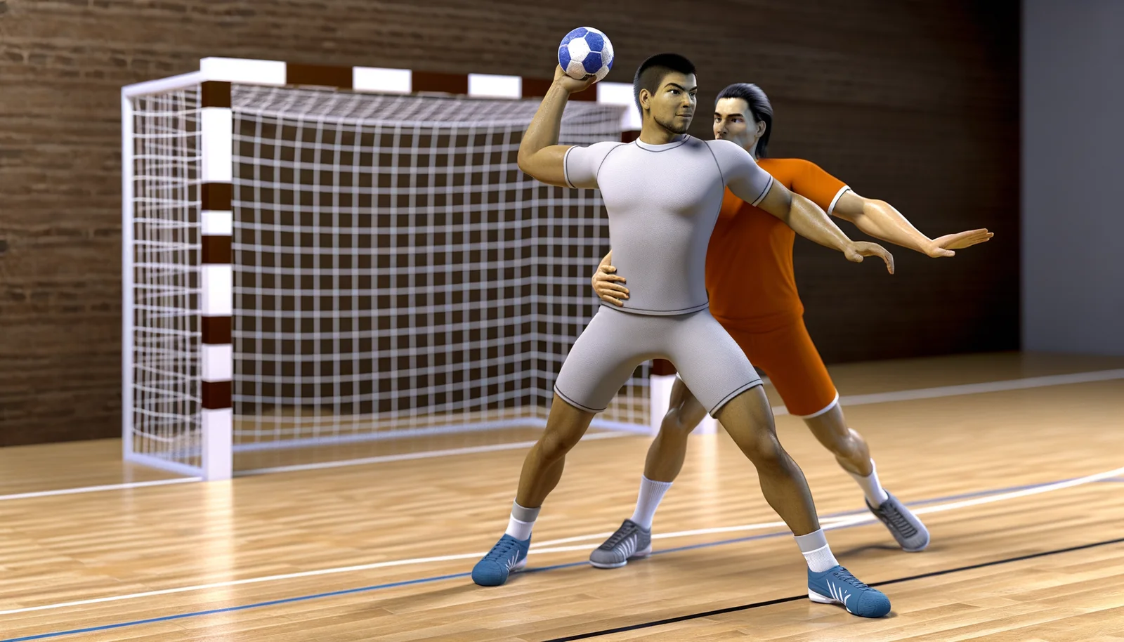 Pivot de handball réceptionnant un ballon dos au but