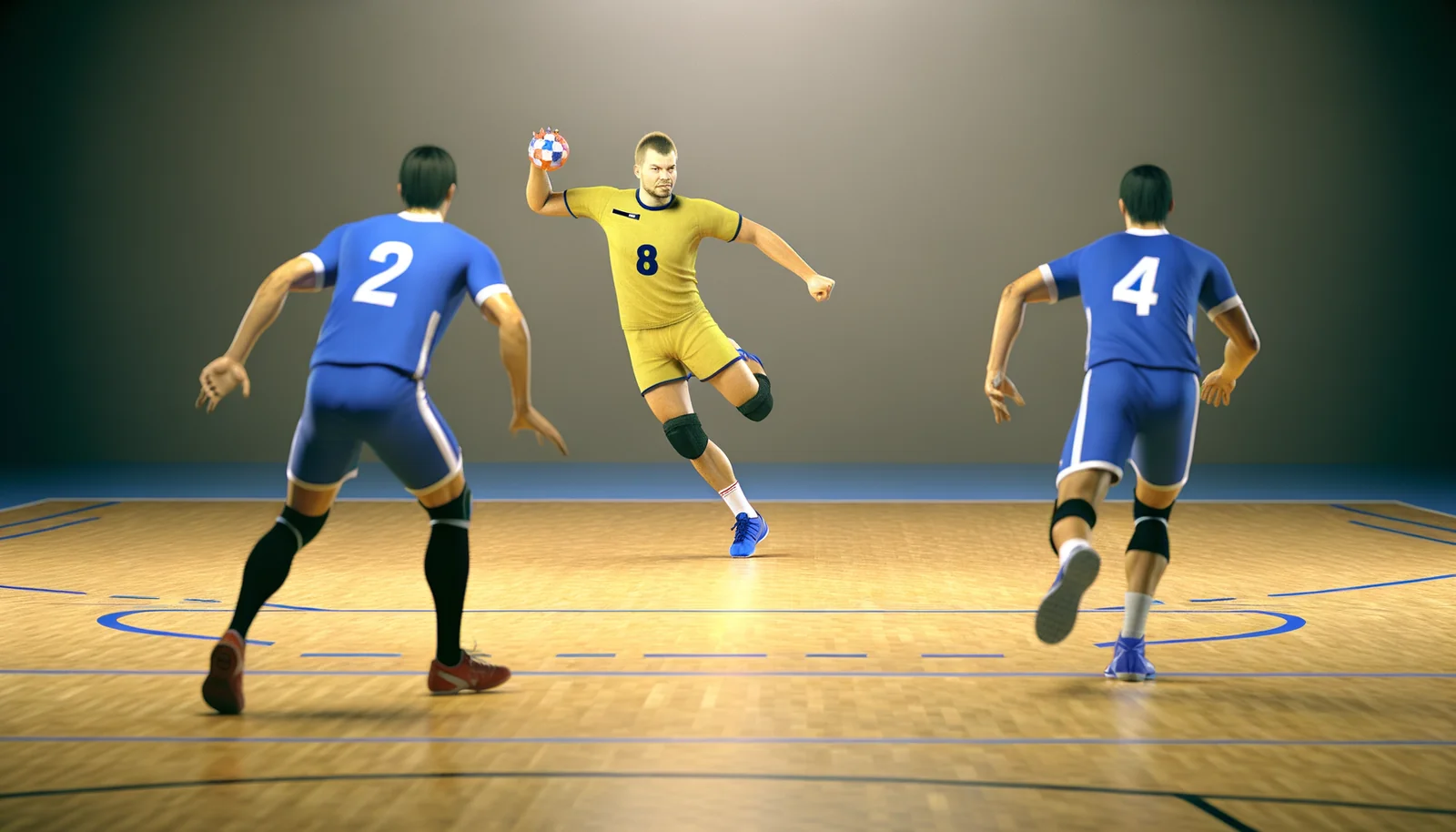 Joueur de handball prenant l'intervalle entre deux défenseurs