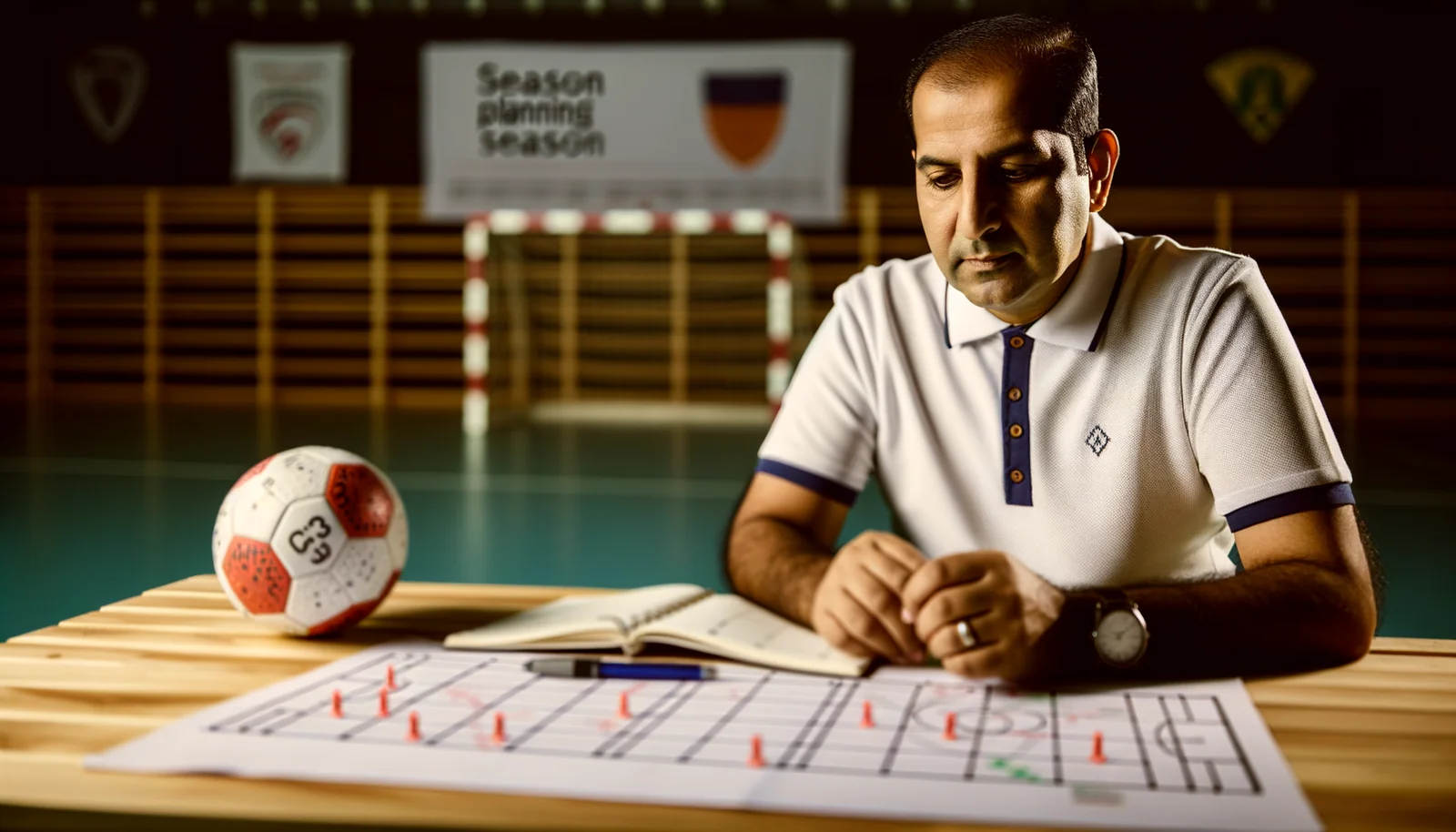Coach de handball planifiant sa saison sur tableau